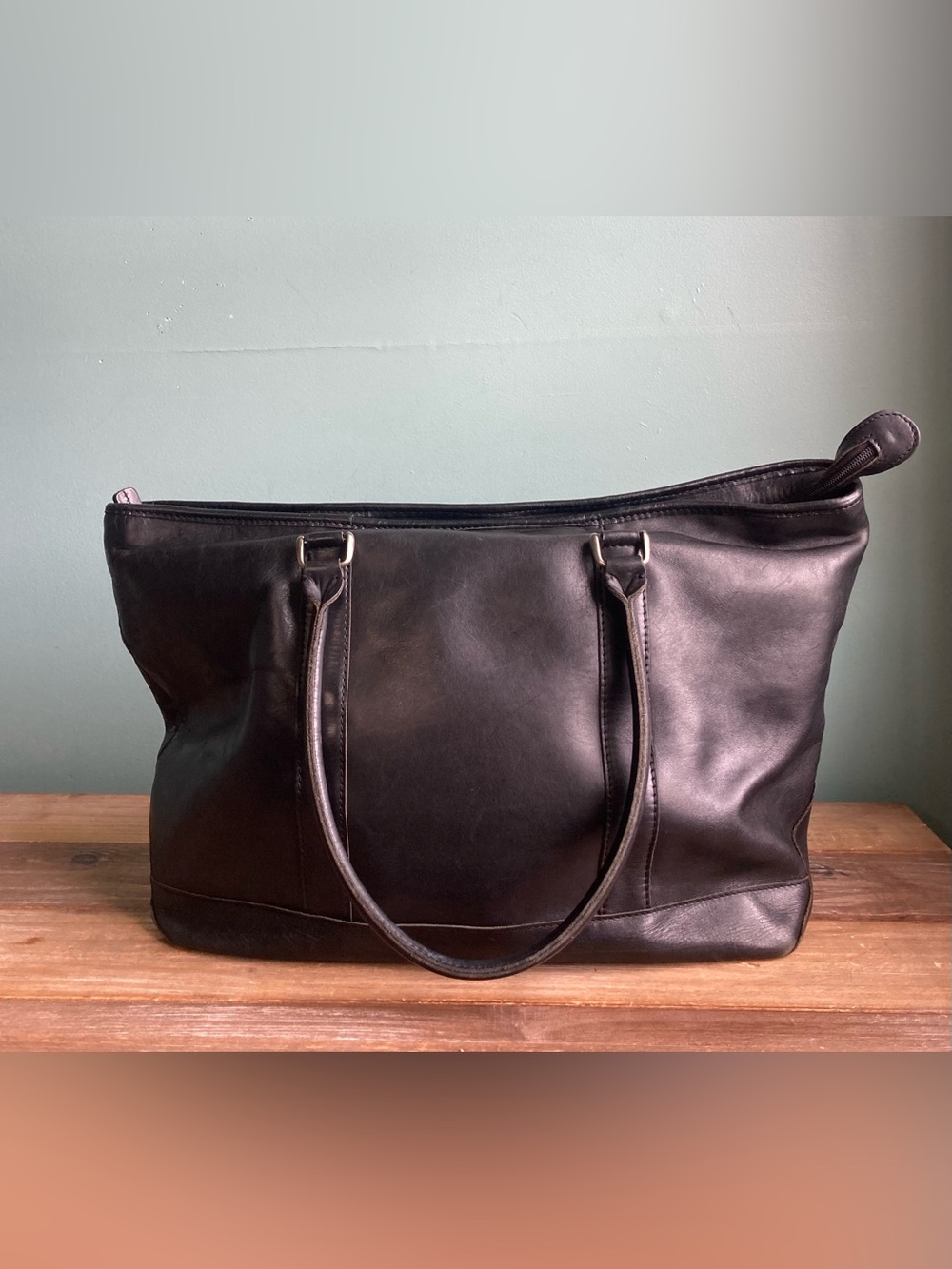 Vintage L.L. Bean Large Town & Field Leather Tote Bag Black - Picture 3 of 15
